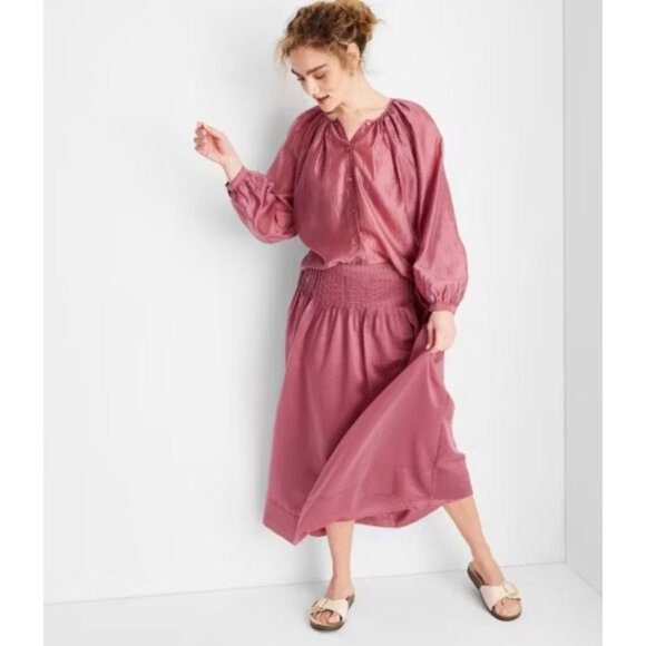Future Collective Smocked Midi Skirt Size 14 Mauve Pink 100% Polyester - Picture 1 of 7